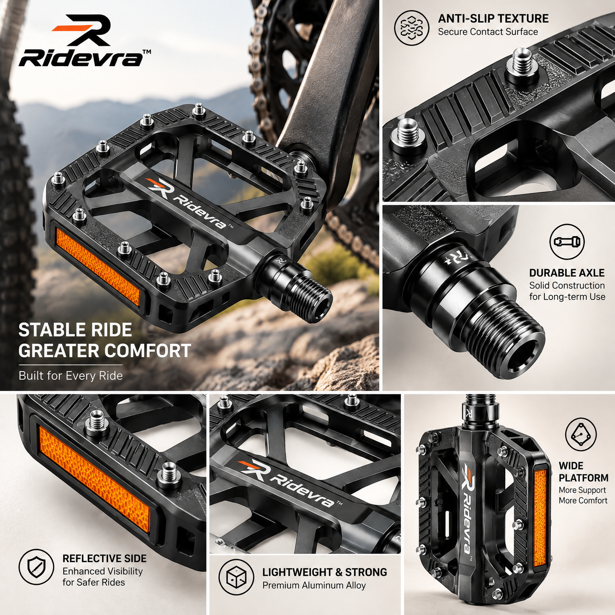 Ridevra™ Wide-Platform Anti-Slip Bike Pedals